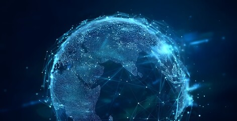 Sticker - a digital globe with blue light and network connections, representing global connectivity and data t