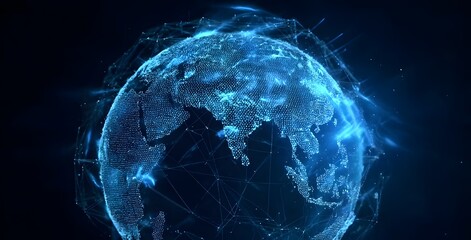 Sticker - a digital globe with blue light and network connections, representing global connectivity and data t