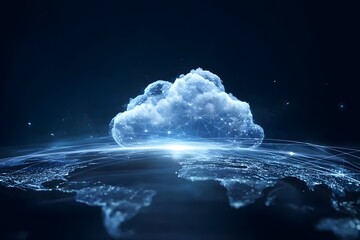 Wall Mural - a glowing cloud symbolizing the global network of digital clouds, connected to various illustrated c