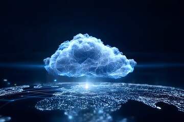 Wall Mural - a glowing cloud symbolizing the global network of digital clouds, connected to various illustrated c