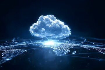 Wall Mural - a glowing cloud symbolizing the global network of digital clouds, connected to various illustrated c