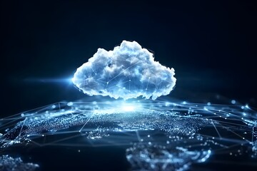 Wall Mural - a glowing cloud symbolizing the global network of digital clouds, connected to various illustrated c