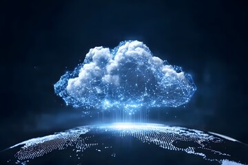 Wall Mural - a glowing cloud symbolizing the global network of digital clouds, connected to various illustrated c