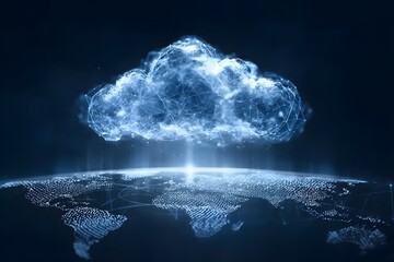 Wall Mural - a glowing cloud symbolizing the global network of digital clouds, connected to various illustrated c