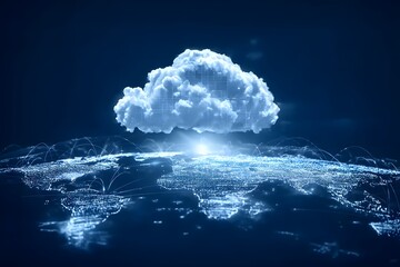 Wall Mural - a glowing cloud symbolizing the global network of digital clouds, connected to various illustrated c