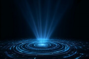 Wall Mural - abstract futuristic background with blue light rays and glowing circular rings on a black backdrop.