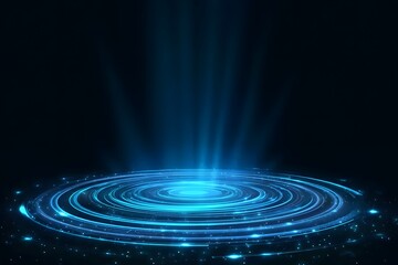 Wall Mural - abstract futuristic background with blue light rays and glowing circular rings on a black backdrop.