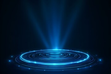 Wall Mural - abstract futuristic background with blue light rays and glowing circular rings on a black backdrop.