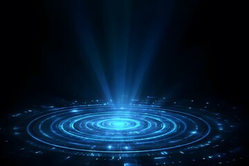 Wall Mural - abstract futuristic background with blue light rays and glowing circular rings on a black backdrop.