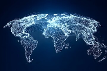 Wall Mural - abstract global network concept with a blue glowing map of the world, digital data transfer, and con