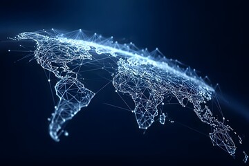 Wall Mural - abstract global network concept with a blue glowing map of the world, digital data transfer, and con