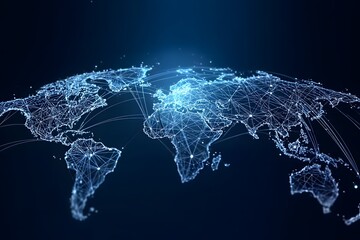 Wall Mural - abstract global network concept with a blue glowing map of the world, digital data transfer, and con