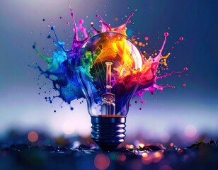 Wall Mural - a light bulb bursting with colorful paint splashes, set against a blurred bokeh background, symboliz