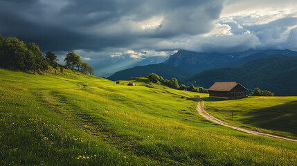 Wall Mural - green field and blue sky. field and clouds