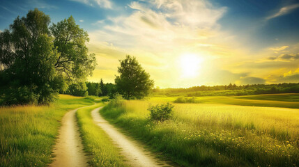 Wall Mural - green field and blue sky. field and clouds