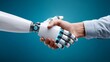 © 楠 刘 - Creative banner with warm human hand shaking sleek futuristic metallic robot hand on teal blue background, symbolizing trust, collaboration, technology, and modern professional design.