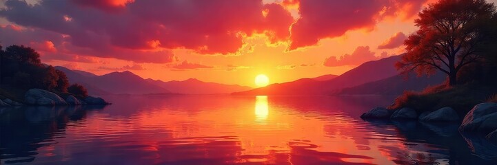 Wall Mural - Vibrant Sunset Reflecting on Calm Water A Tranquil and Idyllic Autumn Scene
