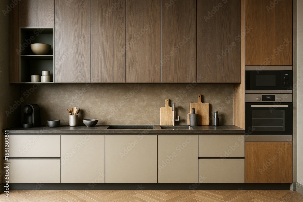 Modern minimalist kitchen interior with wooden cabinets, neutral tones ...