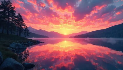 Wall Mural - Serene Sunrise Lake Vibrant Pink, Orange, and Gold Hues Reflecting on Calm Water, Evoking Peace and Wonder