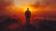 © Crocodilchik - lone soldier in helmet and tactical gear walking through foggy battlefield, silent war scene