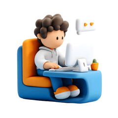 Cartoon character working on computer with speech bubble on transparent background