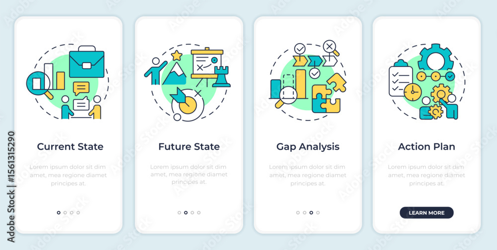 Stages of gap analysis onboarding mobile app screen. Business data ...