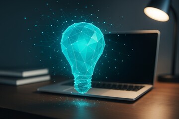Wall Mural - futuristic glowing light bulb made of digital connections floating above a laptop on wooden desk in 