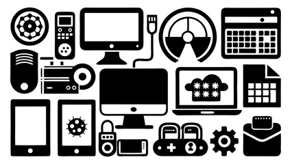 collection of black and white technology and computer icons representing digital security and data p