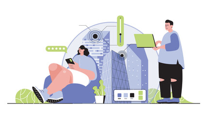 Wall Mural - smart city concept for modern web design. people monitoring and managing homes with eco friendly inf