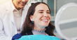 © peopleimages.com - Teeth, smile and mirror with woman at dentist for dental care, treatment and fresh breath. Cleaning, tooth whitening and happy person for oral hygiene, orthodontics or wellness with veneer inspection