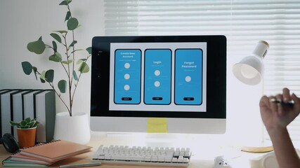 Wall Mural - collaborative programming team developing mobile application user interface, strategizing design wor