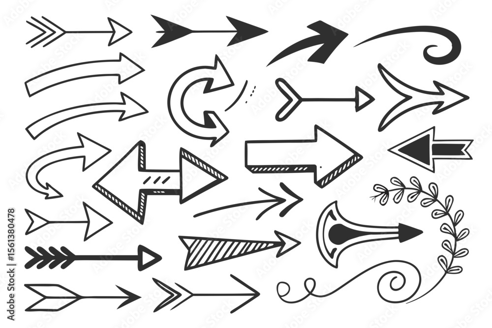 Hand-Drawn Arrows in Vector Sketch Style Featuring Black Zigzag, Curved ...