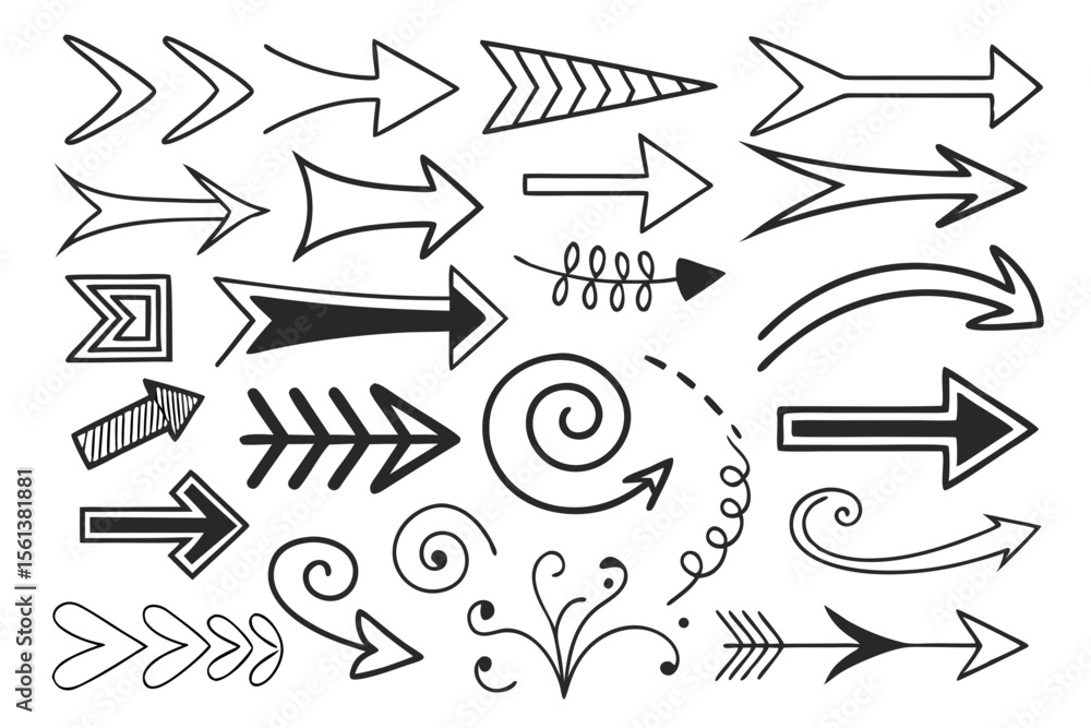 Black Hand-Drawn Arrows in Sketch Vector Style Featuring Curved ...
