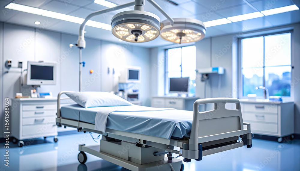 Close-up of an empty bed against a blurry background of a modern hospital.
