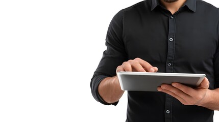 Man in black shirt using tablet device against a white background.