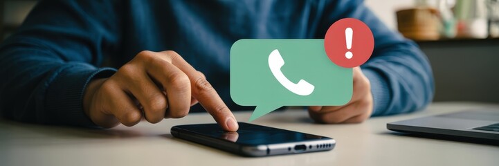 Person interacting with a smartphone displaying a missed call notification.
