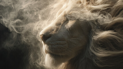 Wall Mural - Close-up of swirling smoke forming the shape of a majestic lion's head