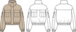 © Hasan Creatives - Women's Cropped Bomber Jacket Technical Fashion Drawing with Stand Collar, Cargo Pockets, Ribbed Hem and Cuffs, Drop Shoulders, Front and Back View CAD Illustration Template.