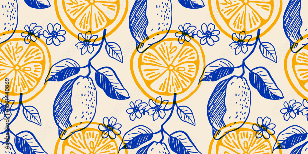 Seamless vector pattern with hand drawn lemons, lemon slices, flowers ...