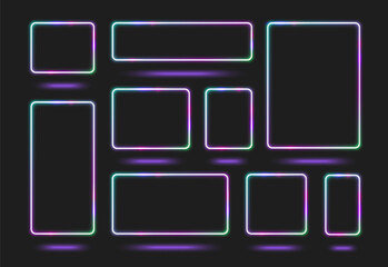 Wall Mural - neon frame set with glowing square and rectangular borders in purple, pink and green gradient colors