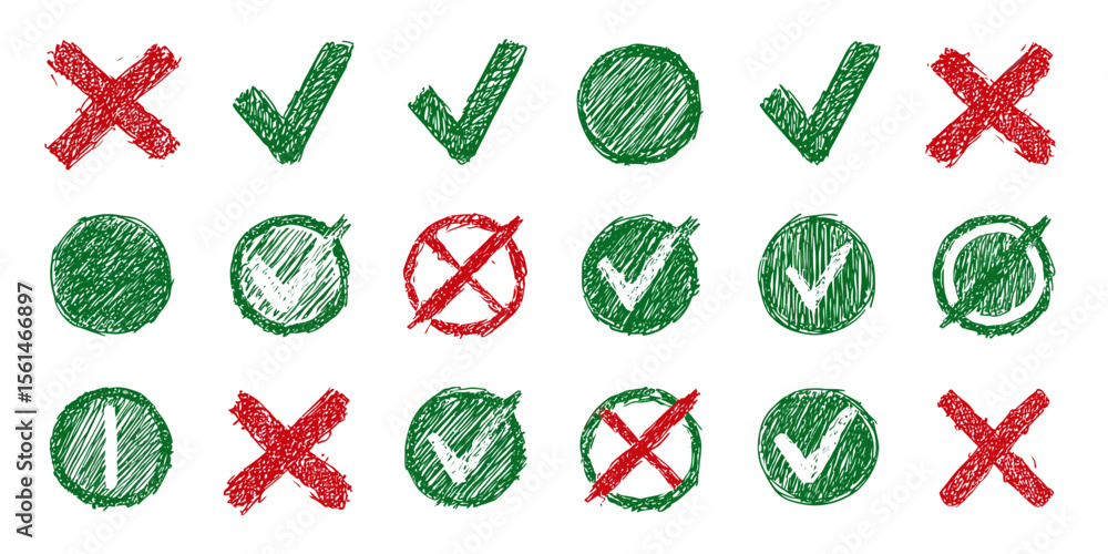 Checks and Crosses: A variety of hand-drawn checks, crosses, and ...
