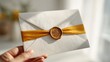 © Generative AI - Elegant white envelope with a gold ribbon and wax seal for special occasion gifting.