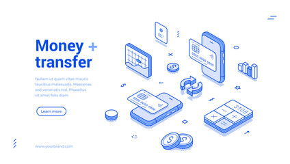 Wall Mural - online banking card money transfer mobile app outline isometric web banner design template vector il