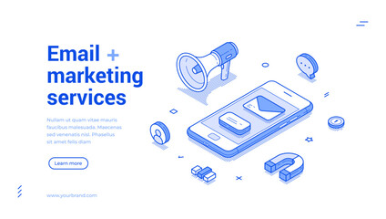 Wall Mural - email marketing service social media internet advertising outline isometric web banner design templa