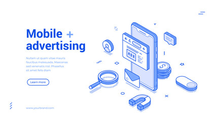 Wall Mural - mobile advertising internet digital marketing outline isometric web banner design template vector il