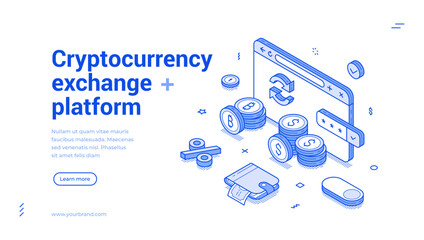Wall Mural - cryptocurrency exchange platform online trading outline isometric web banner design template vector 
