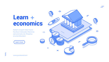 Wall Mural - learn economics studying education outline isometric web banner design template vector illustration.