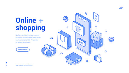 Wall Mural - online shopping marketplace mobile app outline isometric web banner design template vector illustrat