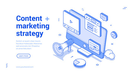 Wall Mural - content digital internet marketing strategy development outline isometric web banner design template