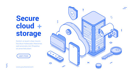 Wall Mural - secure cloud storage data safety information technology outline isometric web banner design template